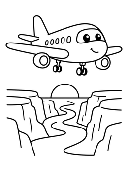 Free printable Cute Airplane Over Canyon Sunset coloring page