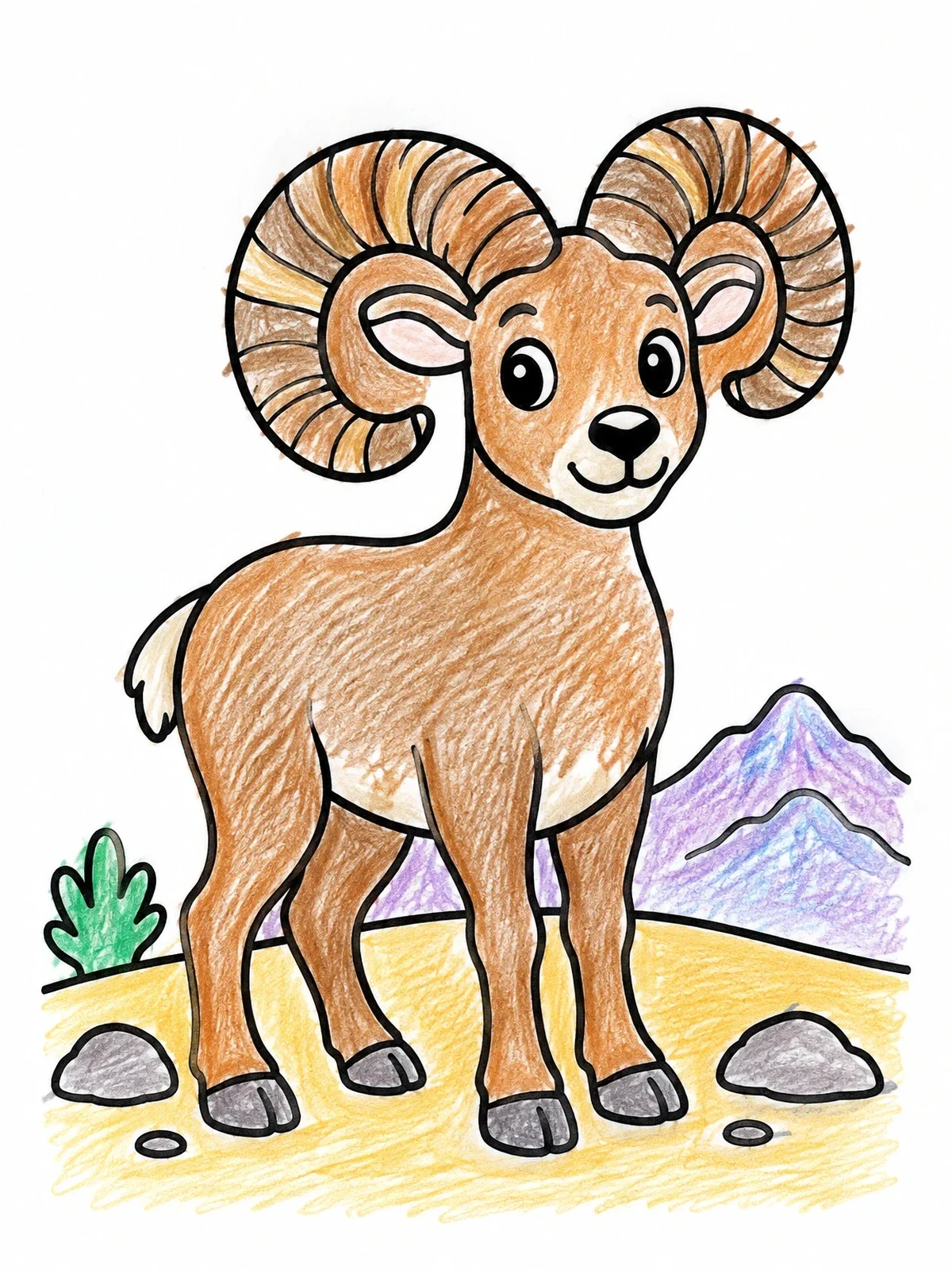 Colored example of the Cute Desert Bighorn Sheep coloring page