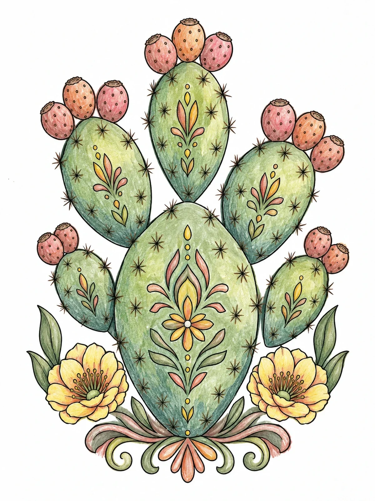 Colored example of the Decorative Prickly Pear Cactus coloring page