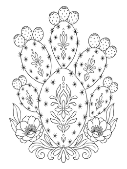 Detailed southwest coloring page featuring an ornate prickly pear cactus with fruits and flowers.