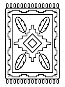 A geometric tapestry area rug coloring page featuring feathers and stepped borders.
