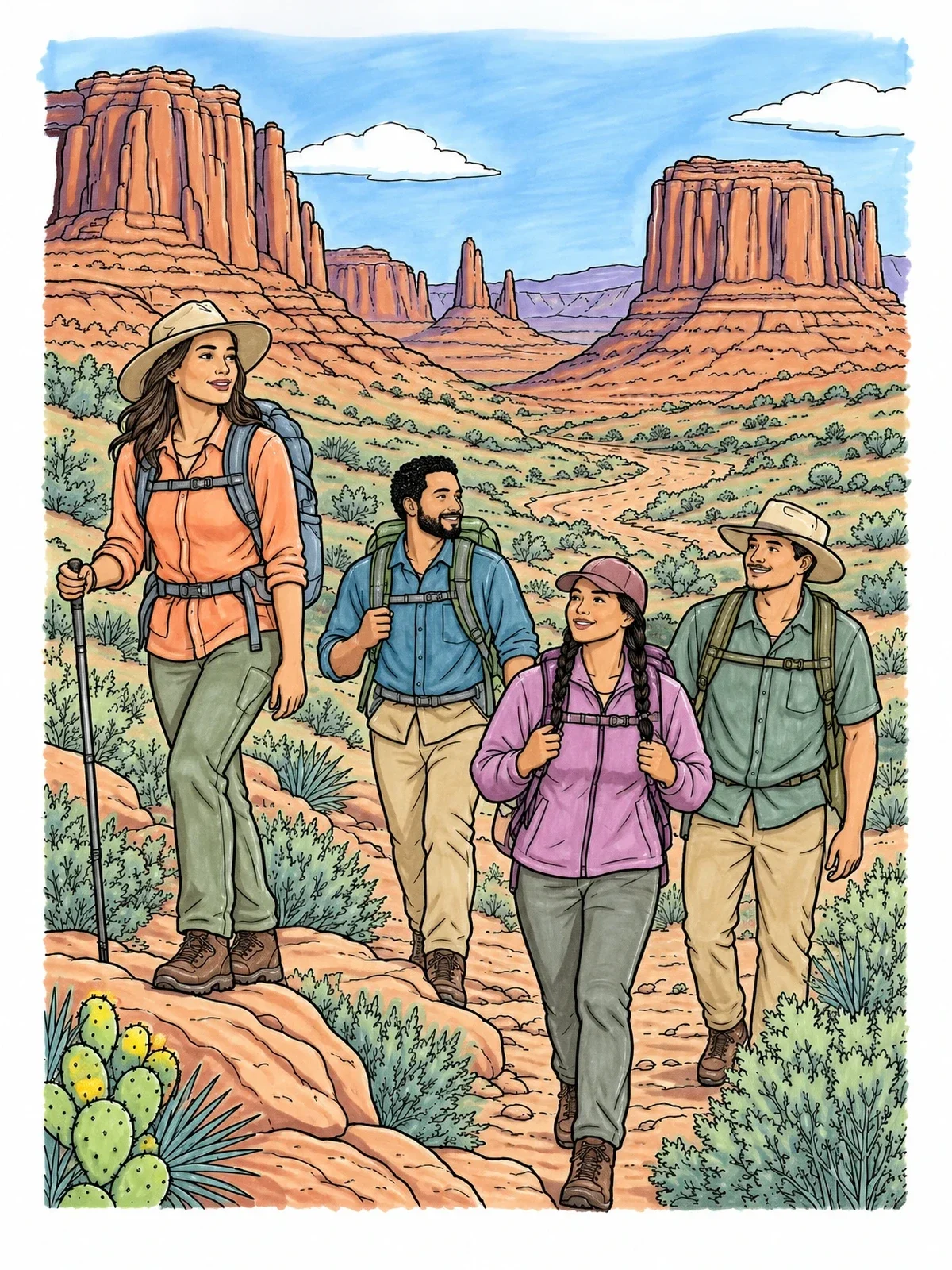 Colored example of the Hikers In Monument Valley coloring page