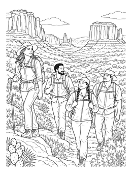 Free printable Hikers In Monument Valley coloring page