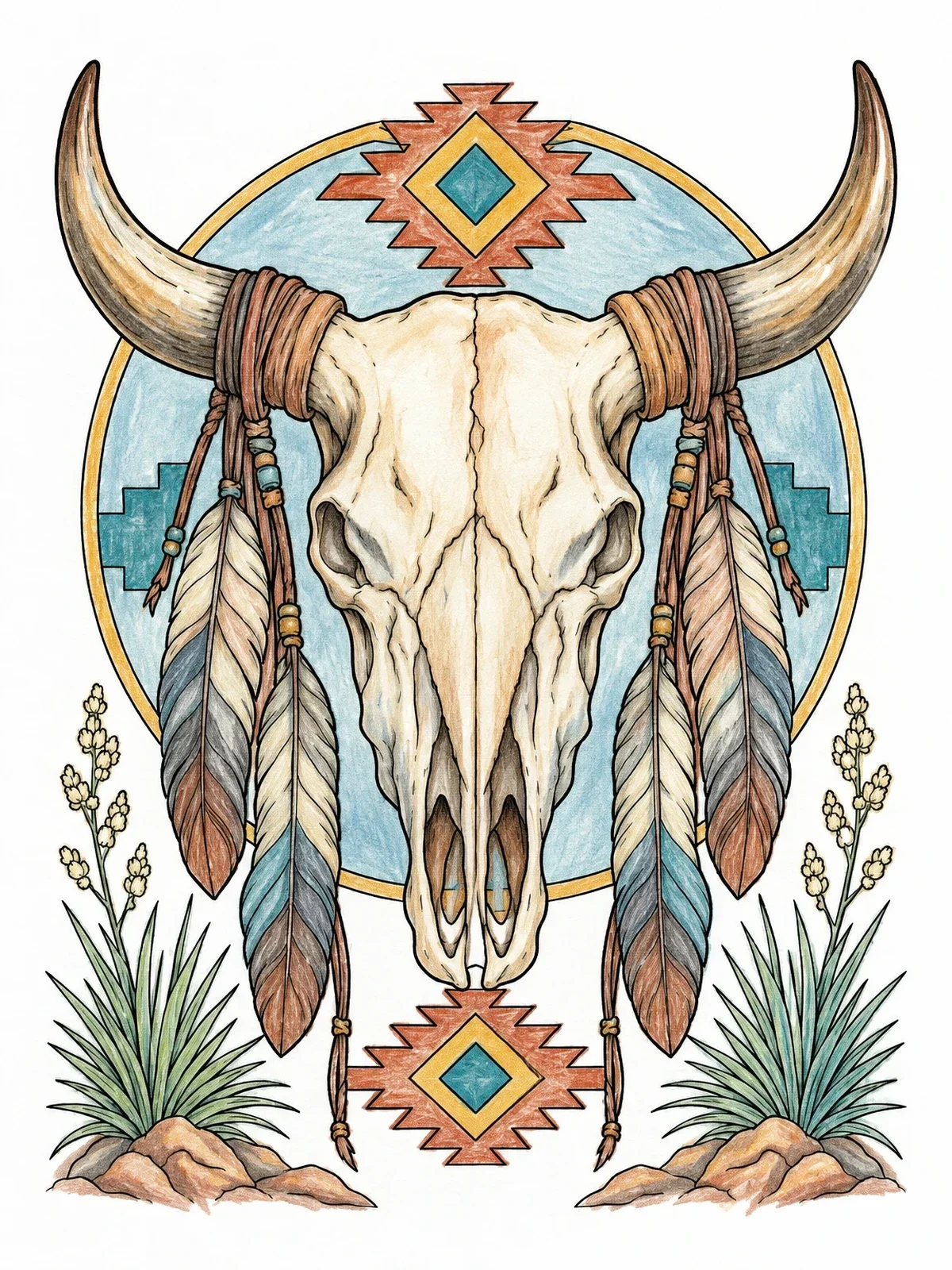 Colored example of the Southwestern Bull Skull With Feathers coloring page