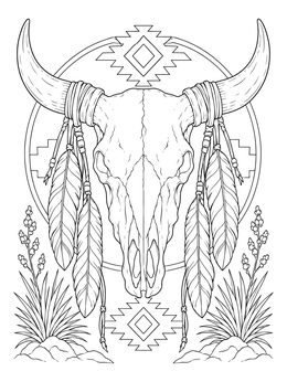 A detailed bull coloring page featuring a horned skull decorated with feathers and geometric patterns.