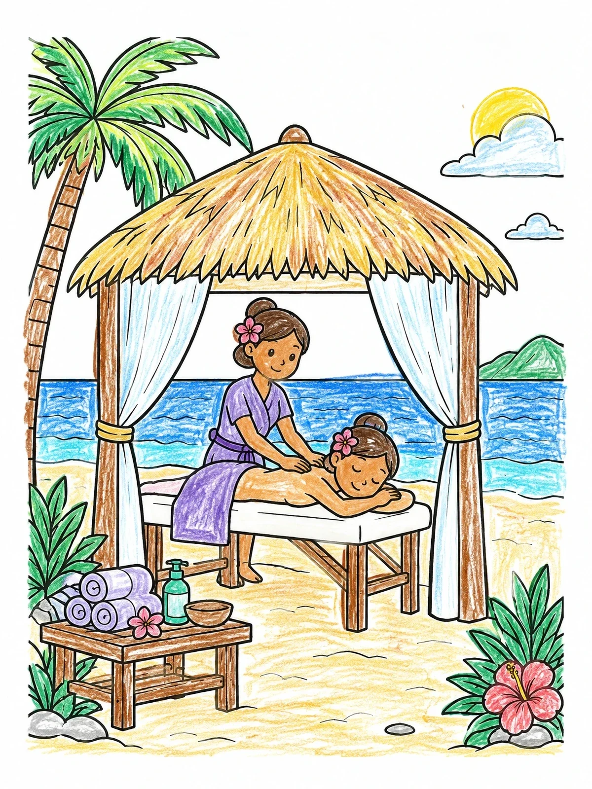 Colored example of the Beach Cabana Massage Day coloring page
