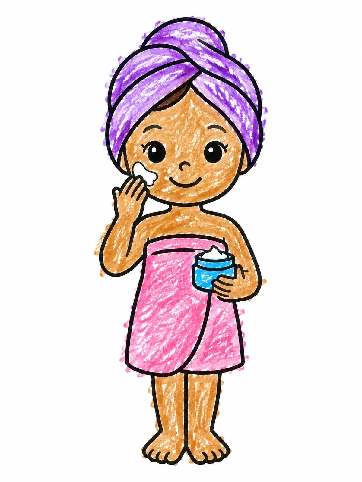 Colored example of the Cute Girl With Face Cream And Towel coloring page