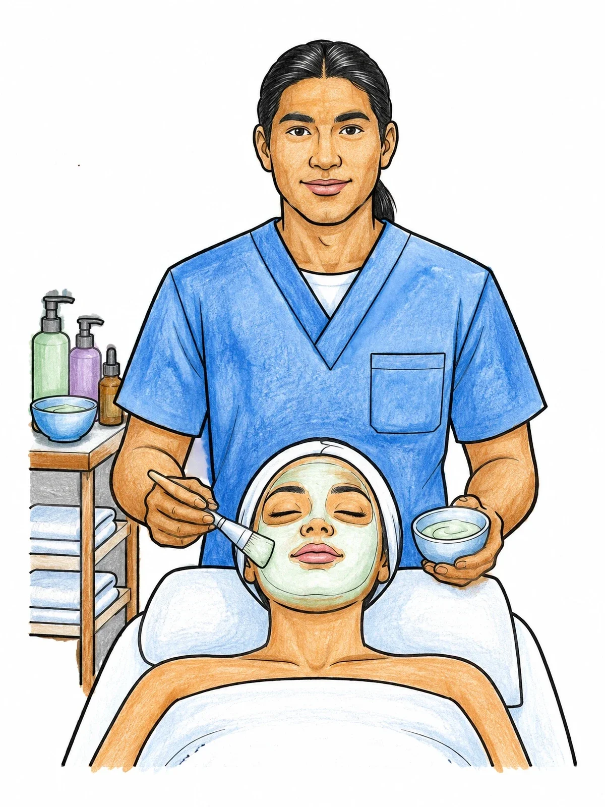 Colored example of the Esthetician Applying Face Mask coloring page