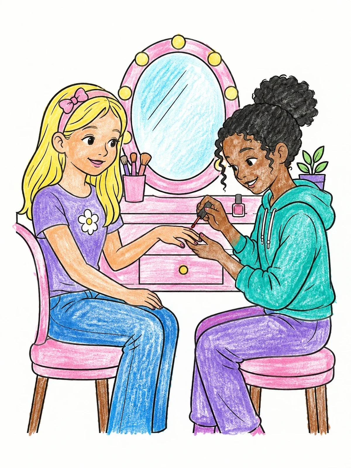 Colored example of the Friends Painting Nails At Vanity coloring page