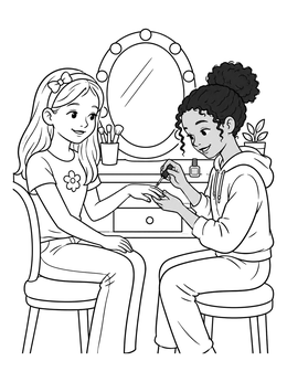 Free printable Friends Painting Nails At Vanity coloring page