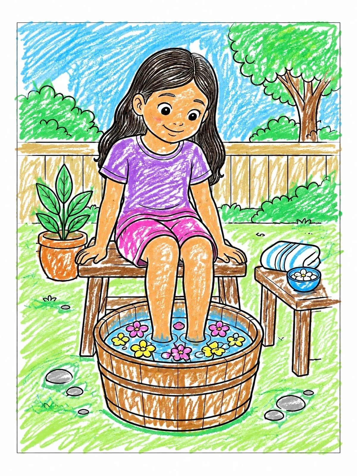 Colored example of the Girl Enjoying A Relaxing Foot Bath coloring page
