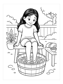 Free printable Girl Enjoying A Relaxing Foot Bath coloring page