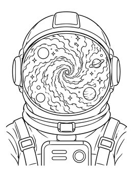 Astronaut visor reflecting a swirling galaxy and planets in this space coloring page.