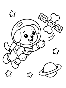 A cute astronaut puppy floating in this space coloring page near a bone satellite.