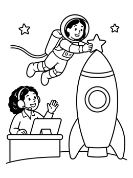 An astronaut places a star on a rocket in this space coloring page.
