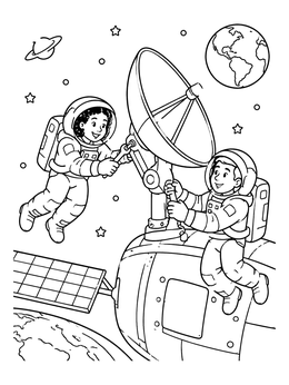 Two smiling astronauts on a spacewalk fixing a satellite dish in this space coloring page.