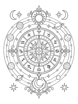 An ornate astrological compass mandala in this space coloring page featuring zodiac signs and planets.