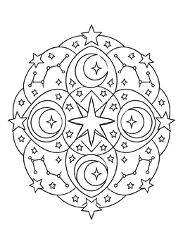 Intricate circular space coloring page featuring crescent moons, stars, and constellation patterns.