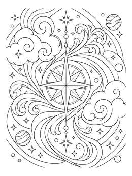 Detailed celestial star and cosmic clouds in an intricate space coloring page.