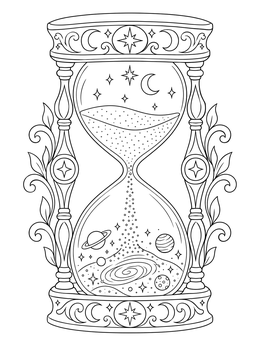 A detailed cosmic hourglass in this space coloring page with planets and stars inside.