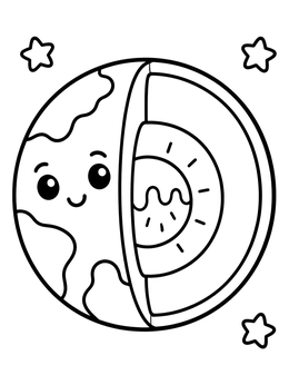 A cute cartoon planet cross section in this fun space coloring page.