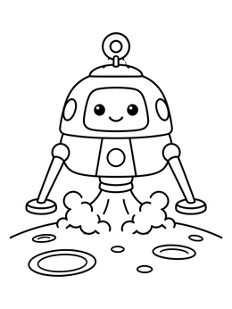 A cute cartoon lunar lander spacecraft touches down on the moon in this space coloring page.