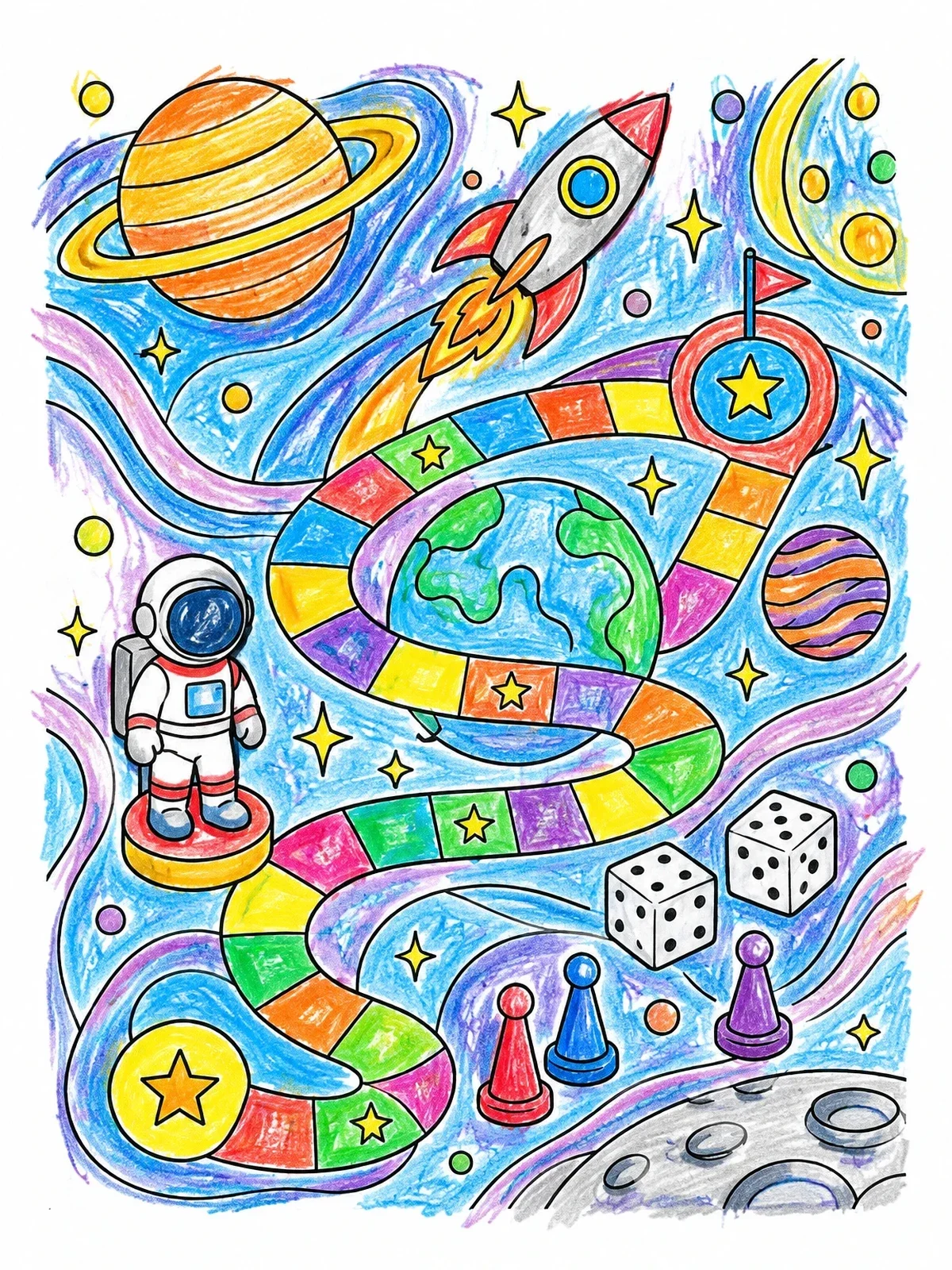 Colored example of the Space Exploration Board Game Adventure coloring page