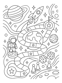 Astronaut figure and dice featured in this space board games coloring page.
