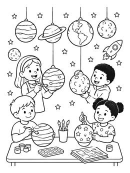 Kids craft hanging planets in this cheerful space coloring page.