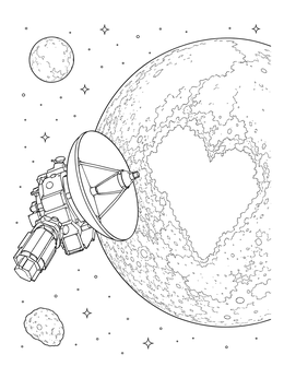 A detailed pluto planet coloring page featuring a space probe orbiting the dwarf planet with its heart-shaped plain.