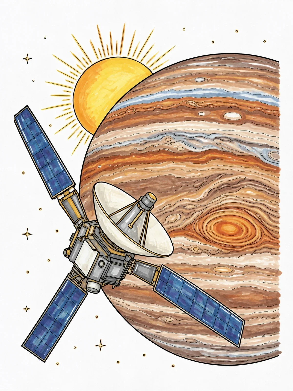 Colored example of the Space Probe Orbiting Planet Jupiter coloring page