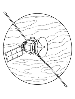 A detailed venus coloring page featuring a robotic space probe orbiting the cloudy planet.
