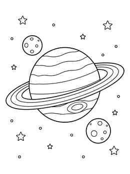 A ringed space coloring page featuring a giant planet, two cratered moons, and twinkling stars.