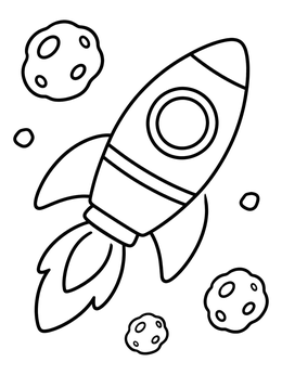 A simple space coloring page showing a cartoon rocket ship flying past floating asteroids.