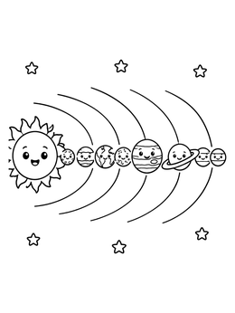 A cute space coloring page featuring the smiling sun and planets aligned on orbits with twinkling stars.