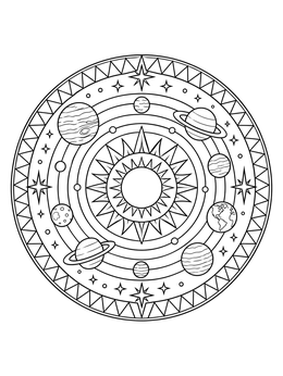 A cosmic space coloring page featuring a detailed solar system mandala with planets and the sun.
