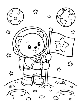 Cute space coloring page featuring a teddy bear astronaut holding a star flag on the moon.
