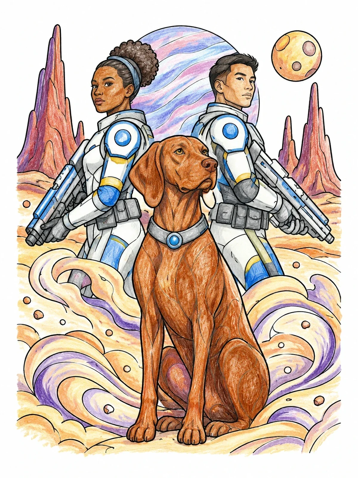 Colored example of the Space Troopers And Vizsla On Alien Planet coloring page