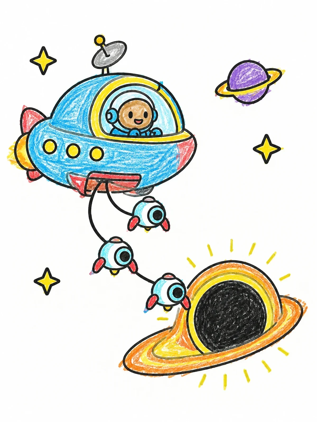 Colored example of the Spaceship And Probes Exploring A Black Hole coloring page