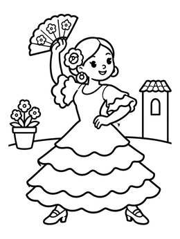 Free printable Cheerful Flamenco Dancer With Fan coloring page