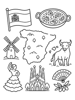 Free printable Spain Map And Cultural Symbols coloring page