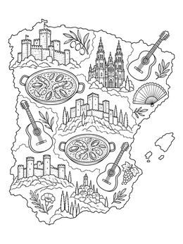 An illustrated map in this spain coloring page filled with castles, guitars, and paella pans.