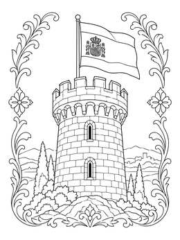 A stone castle tower flying the flag in this detailed spain coloring page.