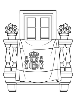 A detailed spain coloring page featuring the national flag hanging from a decorative stone balcony with potted flowers.