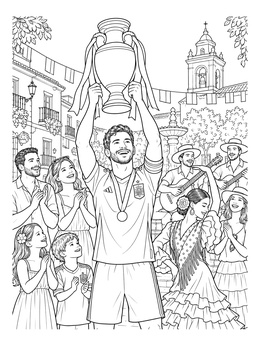 A soccer player holds up a championship cup in this spain coloring page.