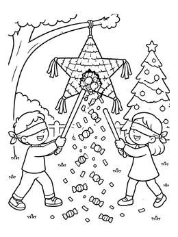 Free printable Children Breaking A Christmas Piñata coloring page