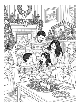 A multi-generational family admires a nativity scene in this detailed spanish christmas coloring page.