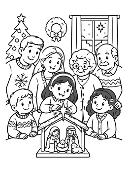 Free printable Family Decorating Christmas Nativity Scene coloring page