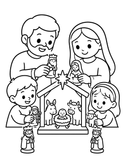 Free printable Family Setting Up Nativity Scene coloring page