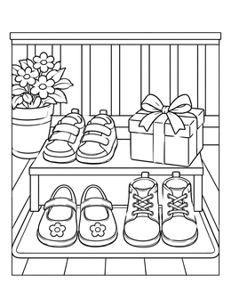 Children shoes waiting for Three Kings Day on a spanish christmas coloring page.